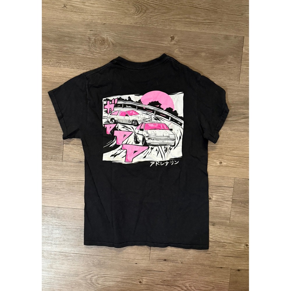 Eldon Mens Small Black Graphic T-Shirt Japanese Drift Car Vaporwave Pink Cotton
